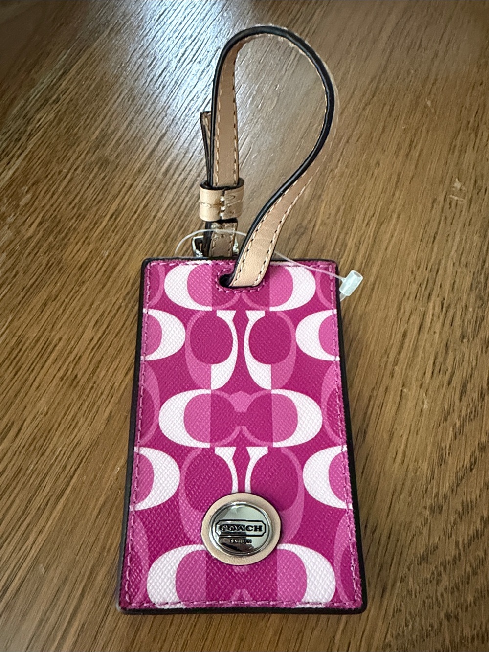 New Coach Pink Signature Luggage Tag with Tan Strap
